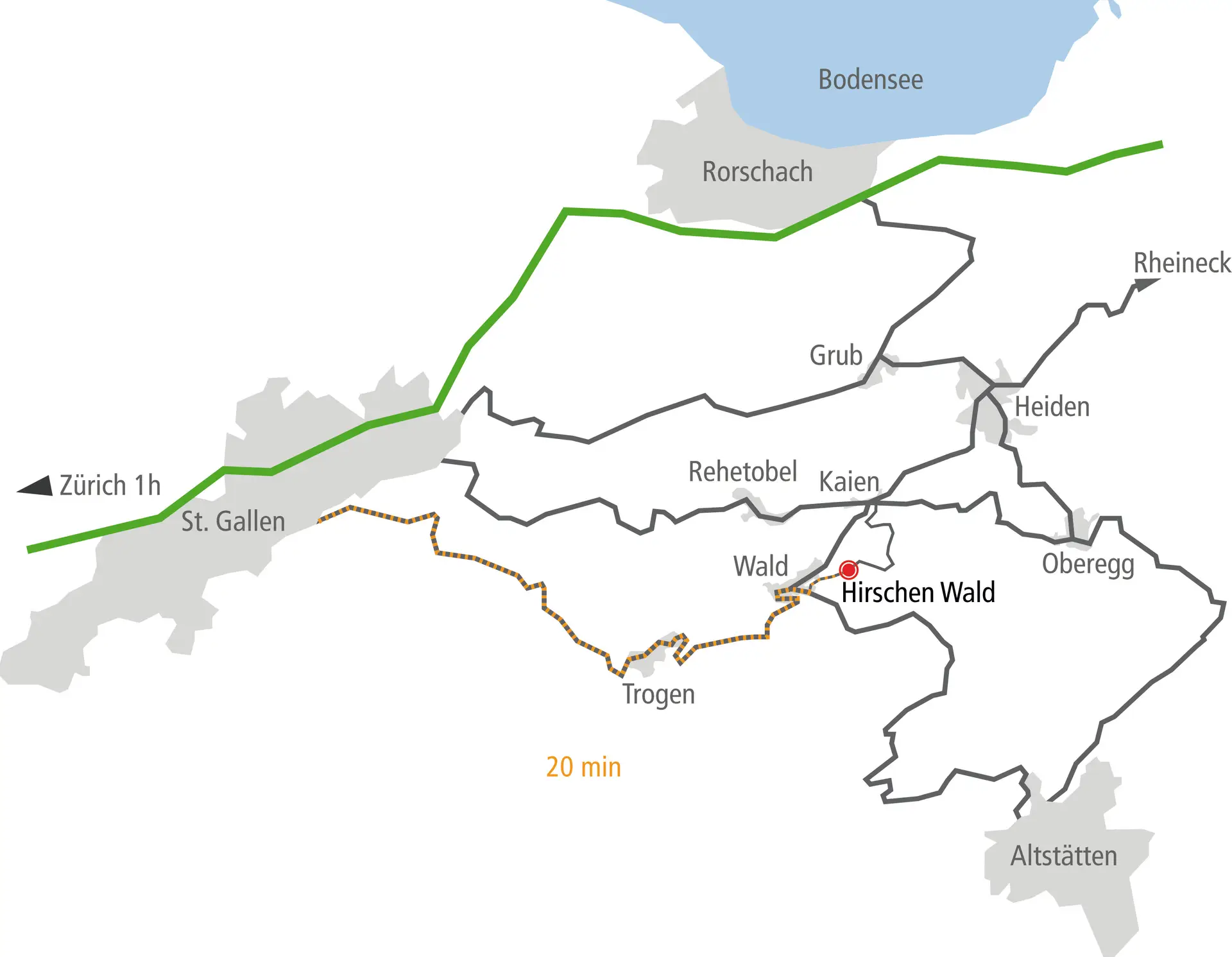 Karte mit Strassen und Orschaften. Bester Weg von St. Gallen zum Hirschen Wald